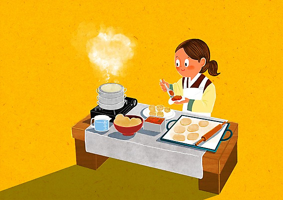 PSD 여자 일러스트 주방용품 요리 한명 성인 요리사 한복 버너 만두 조리대 요리중 찜기 만두피 국내일러스트 직업 1 한국전통 음식 생활용품 식재료 모션 사람 전통의상 파일형식