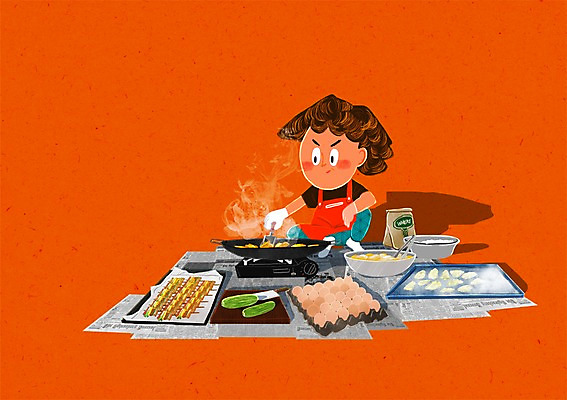 PSD 여자 일러스트 주방용품 요리 한명 성인 계란 요리사 프라이팬 전 버너 조리대 요리중 영자신문 국내일러스트 직업 1 음식 생활용품 모션 사람 알 신문 파일형식