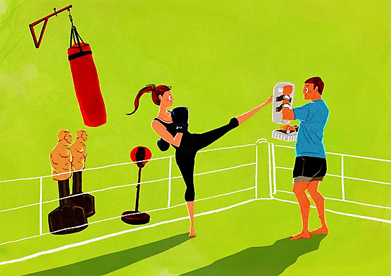 PSD 우먼라이프 여자 남자 일러스트 성인 두명 운동 권투장 권투글러브 킥 킥복싱 국내일러스트 라이프스타일 스포츠시설 모션 건강 사람 권투 글러브 파일형식