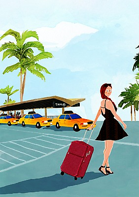 주간 PSD 우먼라이프 여자 여행 일러스트 한명 성인 야외 야자수 캐리어 택시 택시승강장 국내일러스트 자연요소 나무 1 라이프스타일 승용차 자동차 사람 여행가방 역 파일형식