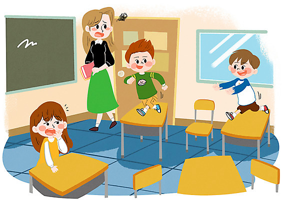 PSD 여자 남자 어린이 의자 일러스트 장난 창문 교실 실내 안전 여러명 성인 달리기 교사 칠판 위험 사건 책상 어린이사고 국내일러스트 직업 교육 가구 다수 컨셉 학교 모션 사람 내부 파일형식