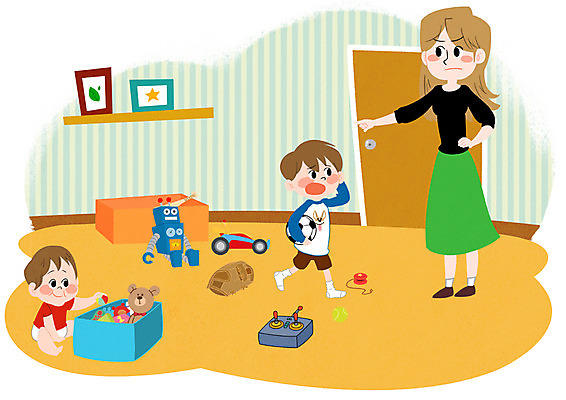 PSD 여자 남자 어린이 액자 일러스트 선반 실내 안전 성인 세명 상자 장난감 문 곰인형 방 아기 사건 로봇 정리 어린이사고 국내일러스트 인형 가구 사람 내부 파일형식