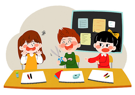 PSD 여자 남자 어린이 일러스트 교실 색연필 가위 알림판 실내 안전 세명 위험 사건 책상 스케치북 미술교육 어린이사고 국내일러스트 교육 가구 컨셉 학교 문구용품 학용품 미술 사람 내부 파일형식