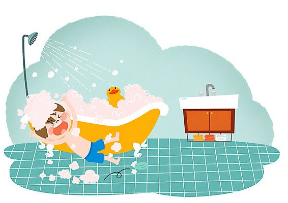 PSD 남자 어린이 일러스트 욕조 실내 한명 안전 목욕 거품 미끄러짐 위험 사건 타일 세면대 비누 샤워기 어린이사고 오리인형 국내일러스트 1 인형 컨셉 모션 사람 내부 위생용품 청결 파일형식