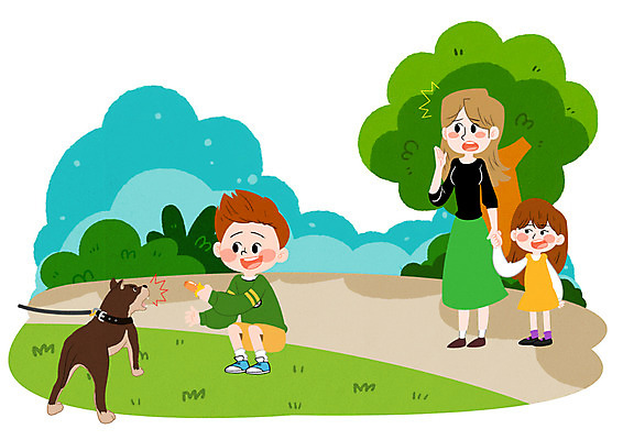 PSD 나무 여자 남자 어린이 일러스트 안전 성인 세명 강아지 위험 사건 목줄 어린이사고 길거리공연 맹견 국내일러스트 식물 컨셉 사람 반려동물 공연 개 파일형식 반려용품