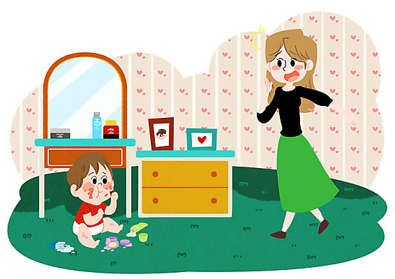 PSD 여자 남자 어린이 액자 일러스트 실내 안전 성인 두명 화장품 방 아기 위험 사건 먹기 서랍장 화장대 어린이사고 방치 국내일러스트 가구 컨셉 모션 사람 내부 뷰티 파일형식