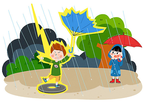 PSD 나무 여자 남자 어린이 일러스트 우산 안전 야외 두명 비 번개 사건 우비 어린이사고 감전 맨홀뚜껑 국내일러스트 자연요소 식물 옷 날씨 사람 파일형식