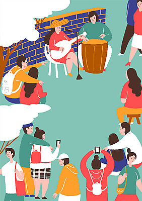 PSD 나무 여자 남자 포스터 문화 예술 악기 백그라운드 일러스트 문화예술 여러명 성인 스마트폰 담장 기타 보행자 북 마이크 거리공연 길거리공연 야외의자 국내일러스트 식물 음악 음향기기 다수 의자 현악기 타악기 사람 핸드폰 스마트기기 공연 파일형식