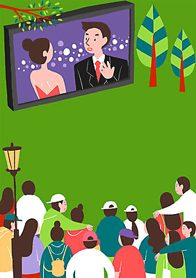 PSD 나무 여자 남자 포스터 문화 예술 백그라운드 가로등 일러스트 문화예술 거리 여러명 성인 스크린 군중 영화 야외극장 국내일러스트 식물 공공시설 다수 사람 극장 파일형식