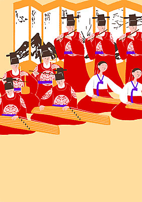 PSD 여자 남자 포스터 문화 예술 백그라운드 일러스트 문화예술 국악기 여러명 성인 한복 전통공연 병풍 가야금 해금 합주 거문고 대금 국내일러스트 한국전통 전통 악기 다수 연주 현악기 국악 사람 공연 전통의상 목관악기 파일형식