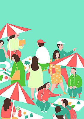 PSD 여자 남자 포스터 문화 예술 백그라운드 일러스트 문화예술 여러명 성인 파라솔 군중 프리마켓 국내일러스트 다수 사람 시장 파일형식