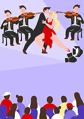 PSD 여자 남자 포스터 문화 예술 백그라운드 연주 일러스트 문화예술 조명 여러명 성인 무대 춤 군중 바이올린 연미복 탱고 국내일러스트 음악 다수 현악기 사람 정장 파일형식