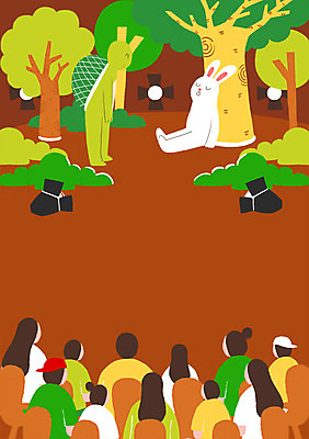 PSD 나무 여자 남자 포스터 문화 예술 백그라운드 일러스트 동화 문화예술 조명 여러명 성인 풀잎 군중 연극 토끼와거북이 국내일러스트 식물 다수 잎 사람 풀_식물 파일형식