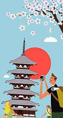 주간 나무 구름 여자 남자 여행 일본문화 일러스트 배낭 성인 야외 세명 태양 여행객 카메라 탑 일본 사진촬영 봄 벚꽃 체험 일본인 일본여행 전통체험 국내일러스트 AI파일 자연요소 외국인 식물 동양문화 건축물 계절 꽃 아시아 외국문화 해외여행 컨셉 가방 사람 동양인 전자제품 촬영 파일형식 벡터