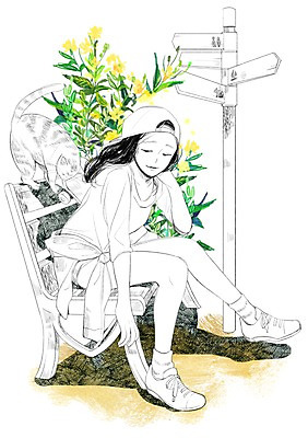 PSD 식물 모자 한마리 여자 벤치 일러스트 함께함 한명 앉기 성인 반려동물 야외활동 고양이 화목 다정 표지판 소통 국내일러스트 동물 1 잡화 컨셉 의자 포유류 모션 알림판 사람 파일형식