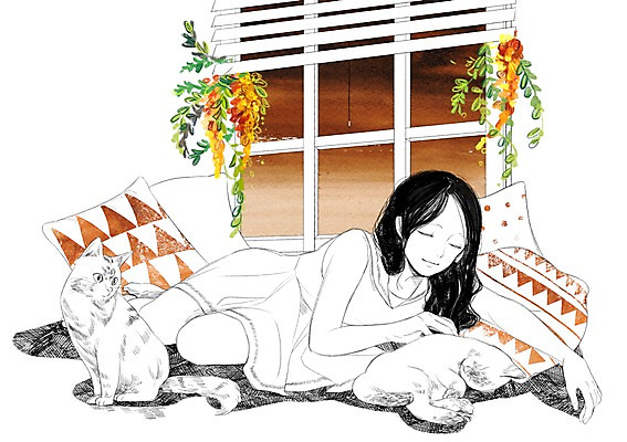 PSD 식물 여자 쿠션 두마리 일러스트 창문 휴식 함께함 한명 성인 반려동물 눕기 고양이 화목 다정 블라인드 소통 국내일러스트 동물 1 컨셉 2 포유류 모션 사람 커튼 파일형식