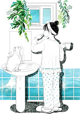 PSD 식물 한마리 여자 일러스트 슬리퍼 함께함 실내 한명 성인 반려동물 고양이 화목 다정 거울 잠옷 욕실 양치 세면대 화장실 소통 양치컵 국내일러스트 동물 1 옷 신발 컨셉 포유류 사람 내부 컵 청결 파일형식