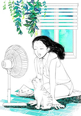 PSD 식물 한마리 여자 일러스트 창문 여름음식 수박 함께함 한명 성인 여름 반려동물 고양이 화목 다정 블라인드 선풍기 소통 제철음식 제철과일 국내일러스트 동물 1 계절 음식 컨셉 과일 포유류 사람 가전제품 커튼 제철 파일형식 여름_계절