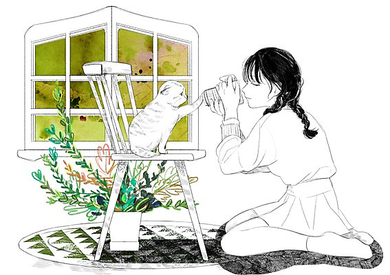 PSD 식물 한마리 여자 화분 의자 일러스트 창문 함께함 한명 성인 반려동물 카메라 사진촬영 고양이 화목 다정 소통 국내일러스트 동물 1 가구 컨셉 포유류 사람 전자제품 촬영 파일형식