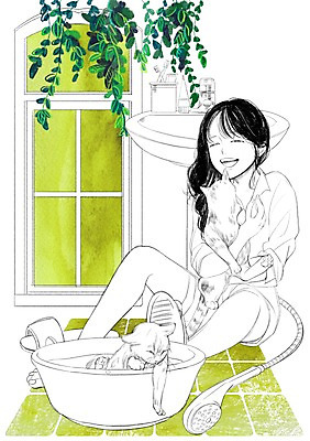 PSD 식물 여자 두마리 일러스트 창문 함께함 한명 성인 반려동물 고양이 화목 다정 목욕 욕실 세면대 화장실 샤워기 대야 소통 국내일러스트 동물 1 컨셉 2 포유류 사람 청결 파일형식