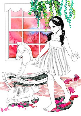 PSD 식물 한마리 여자 어린이 일러스트 창문 놀이 함께함 한명 소녀 반려동물 고양이 화목 다정 머리띠 목마 발자국 소통 국내일러스트 동물 1 컨셉 장신구 포유류 자국 사람 파일형식