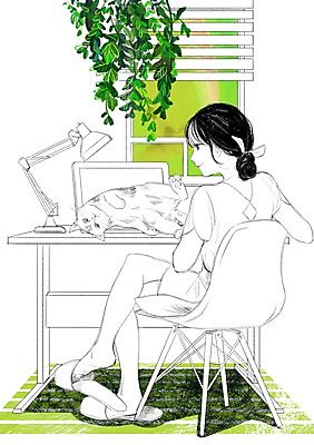 PSD 식물 한마리 여자 의자 일러스트 창문 조명 슬리퍼 함께함 실내 한명 앉기 성인 노트북 반려동물 고양이 화목 다정 스탠드 블라인드 책상 방해 소통 국내일러스트 동물 1 가구 신발 컨셉 포유류 모션 사람 내부 전자제품 커튼 파일형식