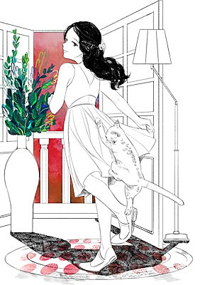 PSD 식물 한마리 여자 일러스트 장난 함께함 매달리기 한명 성인 반려동물 문 꽃병 고양이 화목 다정 스탠드 소통 국내일러스트 동물 1 꽃 컨셉 포유류 모션 조명 사람 파일형식