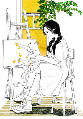 PSD 식물 한마리 여자 의자 일러스트 창문 함께함 한명 앉기 성인 반려동물 고양이 화목 다정 이젤 소통 물감놀이 국내일러스트 동물 1 가구 컨셉 포유류 모션 놀이 사람 미술도구 색칠 파일형식