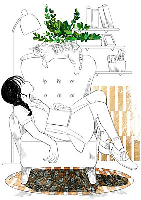 PSD 식물 한마리 여자 화분 액자 일러스트 휴식 선반 함께함 한명 성인 책 반려동물 소파 고양이 화목 다정 스탠드 소통 국내일러스트 동물 1 가구 컨셉 의자 포유류 조명 사람 파일형식