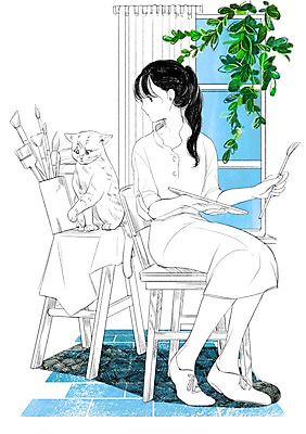 PSD 식물 여자 일러스트 함께함 한명 성인 반려동물 고양이 화목 다정 소통 국내일러스트 동물 1 컨셉 포유류 사람 파일형식