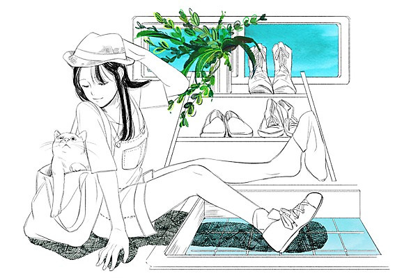 PSD 식물 모자 한마리 여자 가방 일러스트 창문 함께함 한명 성인 반려동물 고양이 화목 다정 현관문 소통 신발장 외출준비 국내일러스트 동물 1 잡화 컨셉 포유류 사람 문 준비 파일형식