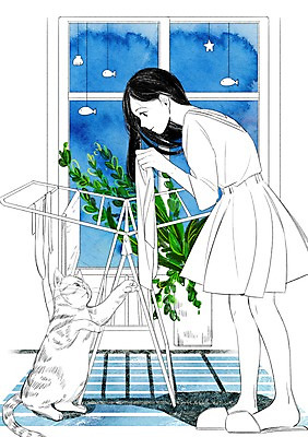 PSD 식물 한마리 여자 일러스트 창문 슬리퍼 함께함 한명 성인 반려동물 고양이 화목 다정 소통 건조대 빨래건조대 빨래널기 국내일러스트 동물 1 신발 컨셉 포유류 건조 사람 빨래 빨래대 파일형식