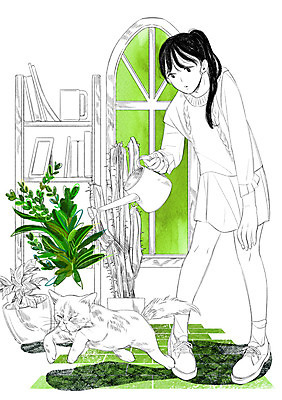 PSD 식물 한마리 여자 화분 일러스트 장난 창문 책장 선인장 함께함 한명 성인 반려동물 고양이 화목 다정 물뿌리개 소통 국내일러스트 동물 1 가구 컨셉 포유류 사람 파일형식