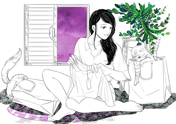 PSD 식물 옷 여자 화분 두마리 일러스트 창문 함께함 한명 성인 반려동물 쇼핑 쇼핑백 고양이 화목 다정 소통 국내일러스트 동물 1 컨셉 2 가방 포유류 사람 파일형식