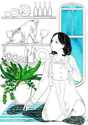 PSD 식물 접시 여자 화분 시계 일러스트 장난 창문 잔 선반 함께함 한명 성인 반려동물 고양이 화목 다정 소통 국내일러스트 동물 1 식기 가구 컨셉 포유류 사람 파일형식