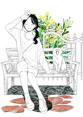 PSD 식물 한마리 여자 벤치 일러스트 휴식 함께함 한명 앉기 성인 울타리 반려동물 고양이 화목 다정 소통 국내일러스트 동물 1 컨셉 의자 포유류 모션 사람 담장 파일형식