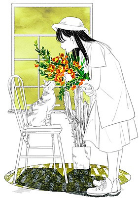 PSD 식물 모자 한마리 여자 꽃 화분 의자 일러스트 창문 선인장 함께함 실내 한명 성인 반려동물 고양이 화목 다정 향기 소통 국내일러스트 동물 1 잡화 가구 컨셉 포유류 사람 내부 냄새 파일형식