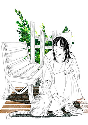 PSD 식물 한마리 여자 벤치 일러스트 함께함 한명 성인 울타리 반려동물 고양이 화목 다정 산책 소통 국내일러스트 동물 1 컨셉 의자 포유류 휴식 사람 담장 파일형식