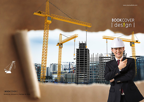 PSD 템플릿 편집 표지디자인 북디자인 출판디자인 표지 남자 리플렛 북커버 비즈니스 한명 서기 정장 팜플렛 상반신 성인 앞모습 건설현장 비즈니스맨 안전모 기중기 이미지템플릿 1 옷 뷰포인트 모션 건설업 사람 직장인 중장비 헬멧 안전장비 파일형식