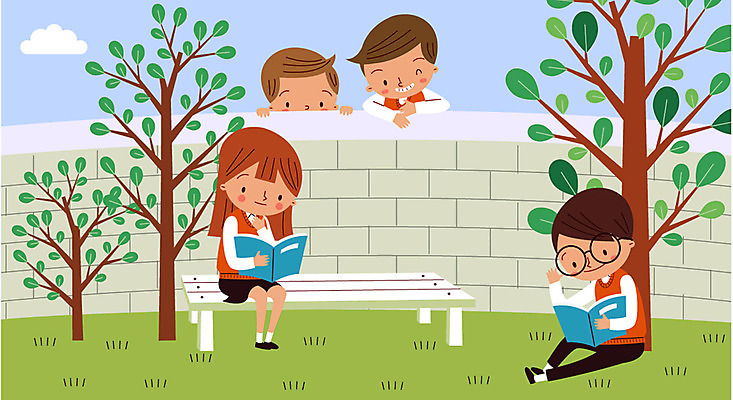 주간 나무 구름 학생 여자 남자 교복 벤치 일러스트 학교 청소년 여러명 야외 책 담장 독서 스쿨라이프 국내일러스트 AI파일 자연요소 식물 라이프스타일 옷 교육 다수 의자 사람 파일형식 벡터