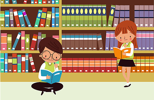 학생 여자 남자 교복 일러스트 학교 청소년 책장 실내 두명 책 독서 스쿨라이프 도서관 국내일러스트 AI파일 라이프스타일 옷 교육 가구 사람 내부 파일형식 벡터