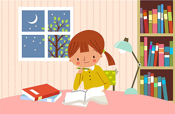 나무 학생 여자 별 일러스트 창문 청소년 책장 실내 한명 책 연필 스쿨라이프 방 달 스탠드 책상 국내일러스트 AI파일 자연요소 식물 1 라이프스타일 가구 학교 학용품 조명 사람 내부 필기구 파일형식 벡터