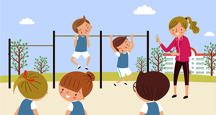 주간 나무 구름 학생 여자 남자 일러스트 학교 청소년 여러명 성인 야외 운동복 스쿨라이프 교사 체육시간 철봉 턱걸이 맨몸운동 국내일러스트 AI파일 자연요소 식물 직업 라이프스타일 옷 교육 다수 수업 사람 운동 운동기구 파일형식 벡터