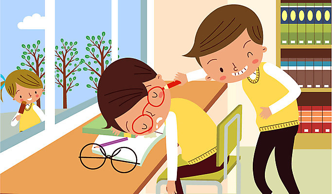 나무 구름 학생 여자 남자 교복 안경 의자 일러스트 장난 창문 학교 청소년 색연필 책장 실내 책 세명 연필 스쿨라이프 잠 도서관 책상 국내일러스트 AI파일 자연요소 식물 라이프스타일 잡화 옷 교육 가구 학용품 사람 내부 필기구 파일형식 벡터