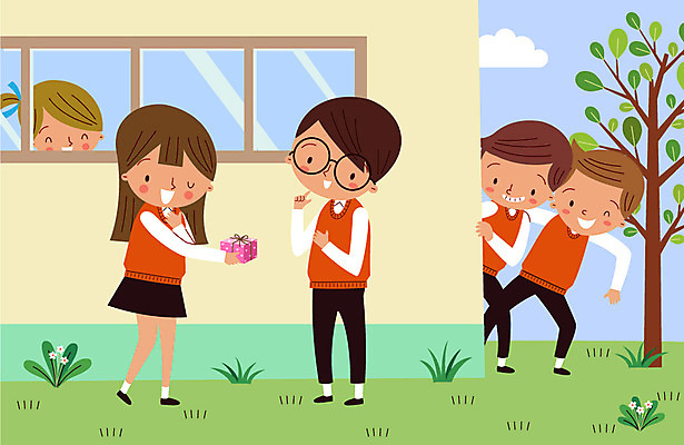 주간 나무 구름 학생 여자 남자 교복 프로포즈 일러스트 창문 학교 청소년 선물 여러명 야외 스쿨라이프 국내일러스트 AI파일 자연요소 식물 라이프스타일 옷 교육 다수 사람 파일형식 벡터