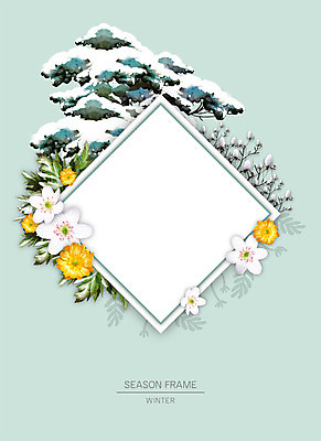 PSD 나무 계절 꽃 종이 잎 겨울 일러스트 자연 프레임 사람없음 눈 꽃프레임 자연물 프레임일러스트 국내일러스트 자연요소 식물 날씨 생태계 파일형식