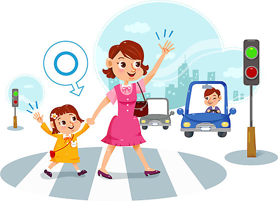 여자 남자 딸 어린이 일러스트 자동차 엄마 빌딩 성인 세명 손들기 손잡기 유치원생 횡단보도 보호 신호등 교통안전 어린이사고 스쿨존 국내일러스트 AI파일 육상교통 컨셉 가족 모션 안전 사람 건물 보행로 사건 파일형식 벡터