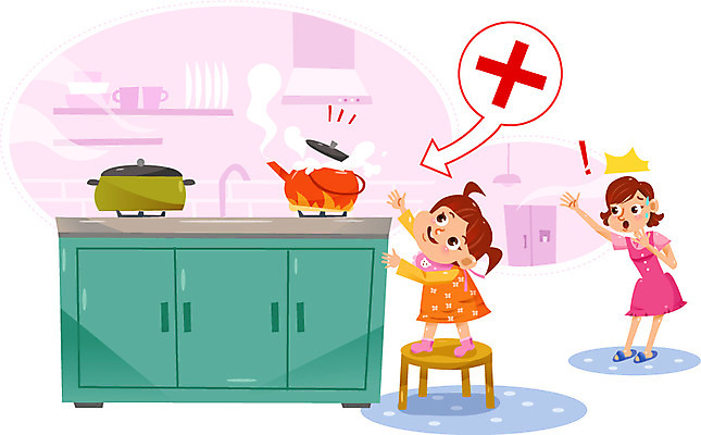 여자 딸 어린이 의자 일러스트 엄마 주전자 불 두명 주방 가스레인지 냄비 위험 안전사고 어린이사고 국내일러스트 AI파일 자연요소 가구 컨셉 가족 주방용품 안전 사람 가전제품 레인지 솥 사건 파일형식 벡터