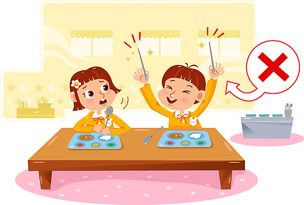 여자 남자 어린이 일러스트 장난 젓가락 식탁 두명 숟가락 식사 유치원생 위험 식판 어린이사고 국내일러스트 AI파일 컨셉 탁자 수저 사람 사건 파일형식 벡터