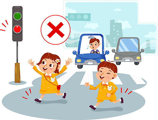 여자 남자 도로 어린이 일러스트 자동차 성인 유치원생 횡단보도 위험 신호등 교통안전 어린이사고 무단횡단 스쿨존 무단 국내일러스트 AI파일 길 육상교통 컨셉 교통시설 안전 사람 보행로 사건 횡단 파일형식 벡터